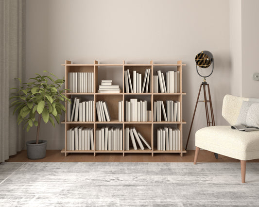4x3 Modern Modular Plywood Bookshelf Kallax modules japandi design for vinyl records, books, music studio, home - 150x115x33cm / 59”x45”x13”